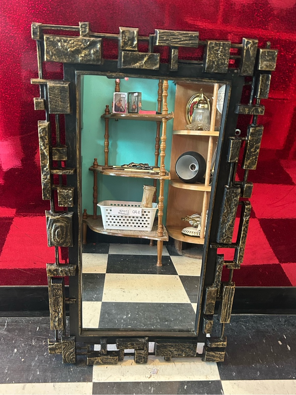 Vintage Syrocco brutalist wall mirror black bronze tone mcm